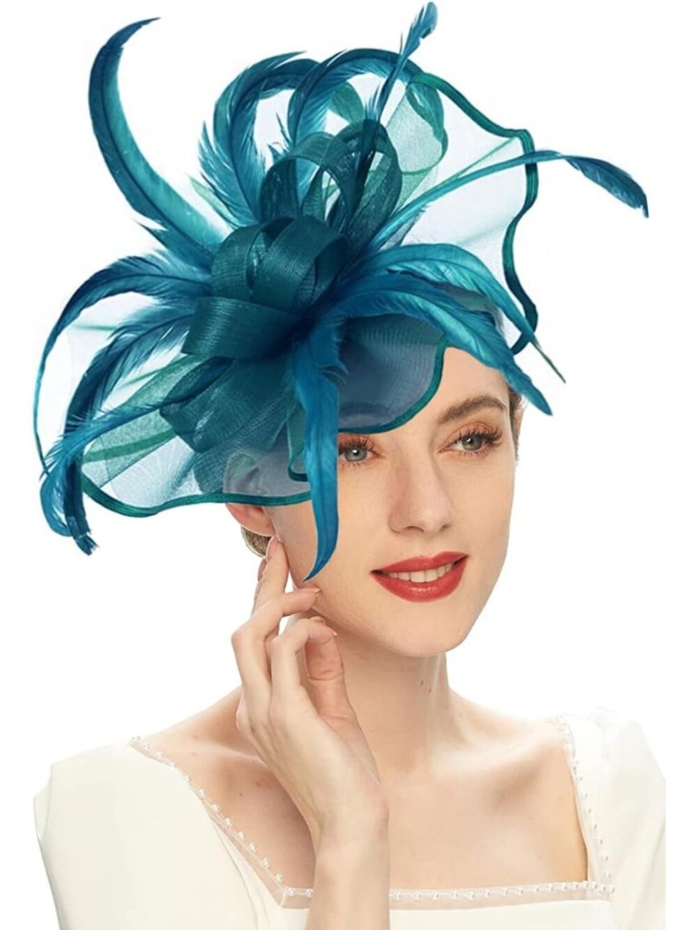 Elegant Peacock Blue Fascinator Hat with Flowers & Feathers for Tea Party, Derby